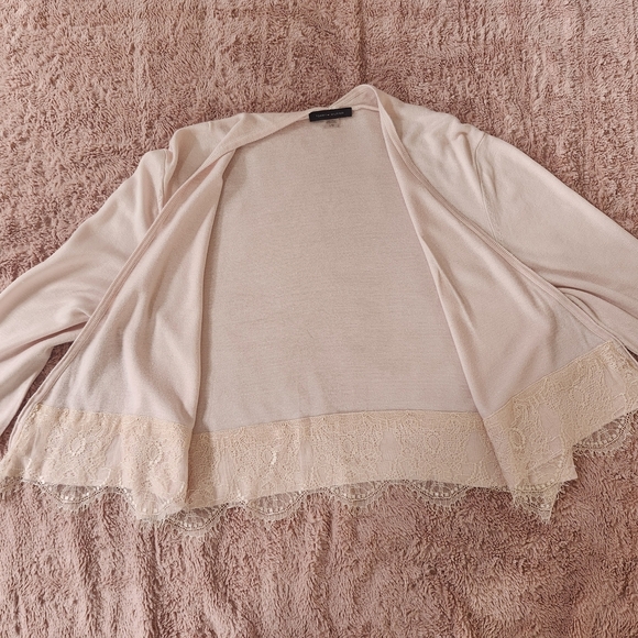 Tommy Hilfiger Women L Open Front Cardigan Pink Scalloped Lace Hem Sweater Boho - Picture 11 of 14